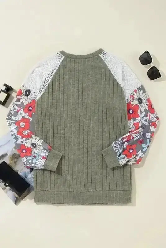 Floral Colour Block Ribbed Blouse Women UK | Mosaic