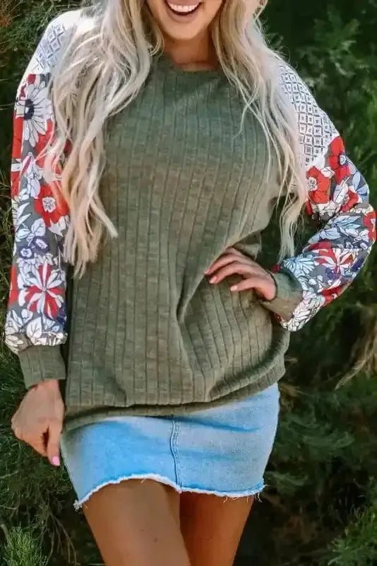 Floral Colour Block Ribbed Blouse Women UK | Mosaic