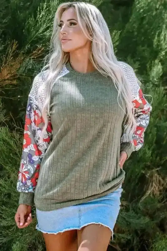 Floral Colour Block Ribbed Blouse Women UK | Mosaic