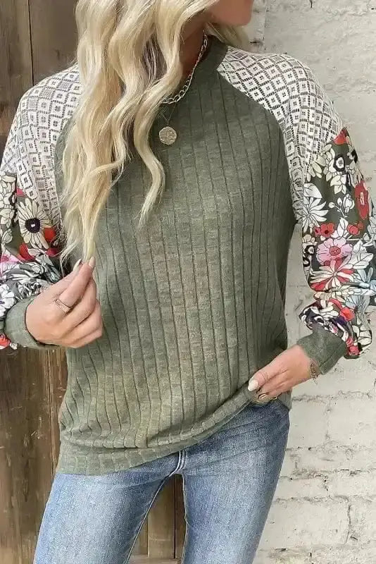 Floral Colour Block Ribbed Blouse Women UK | Mosaic