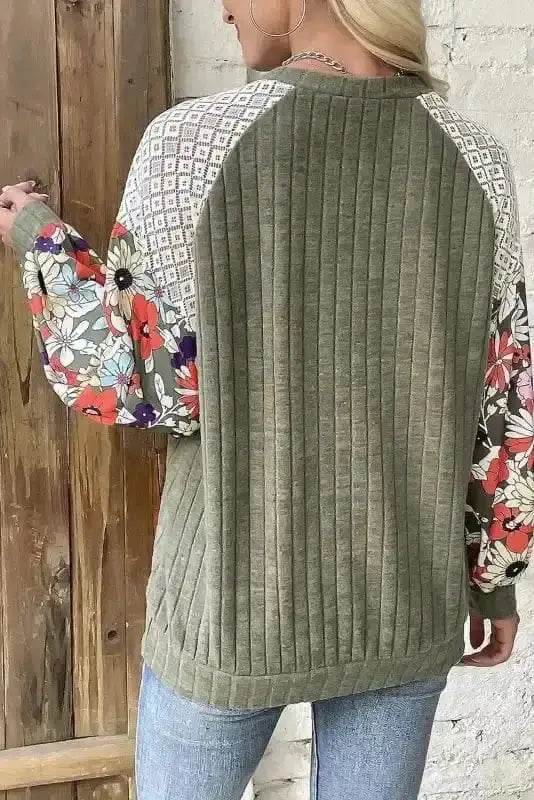 Floral Colour Block Ribbed Blouse Women UK | Mosaic