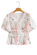 Floral Puff Sleeve Peplum Blouse Women UK