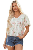 Floral Puff Sleeve Peplum Blouse Women UK