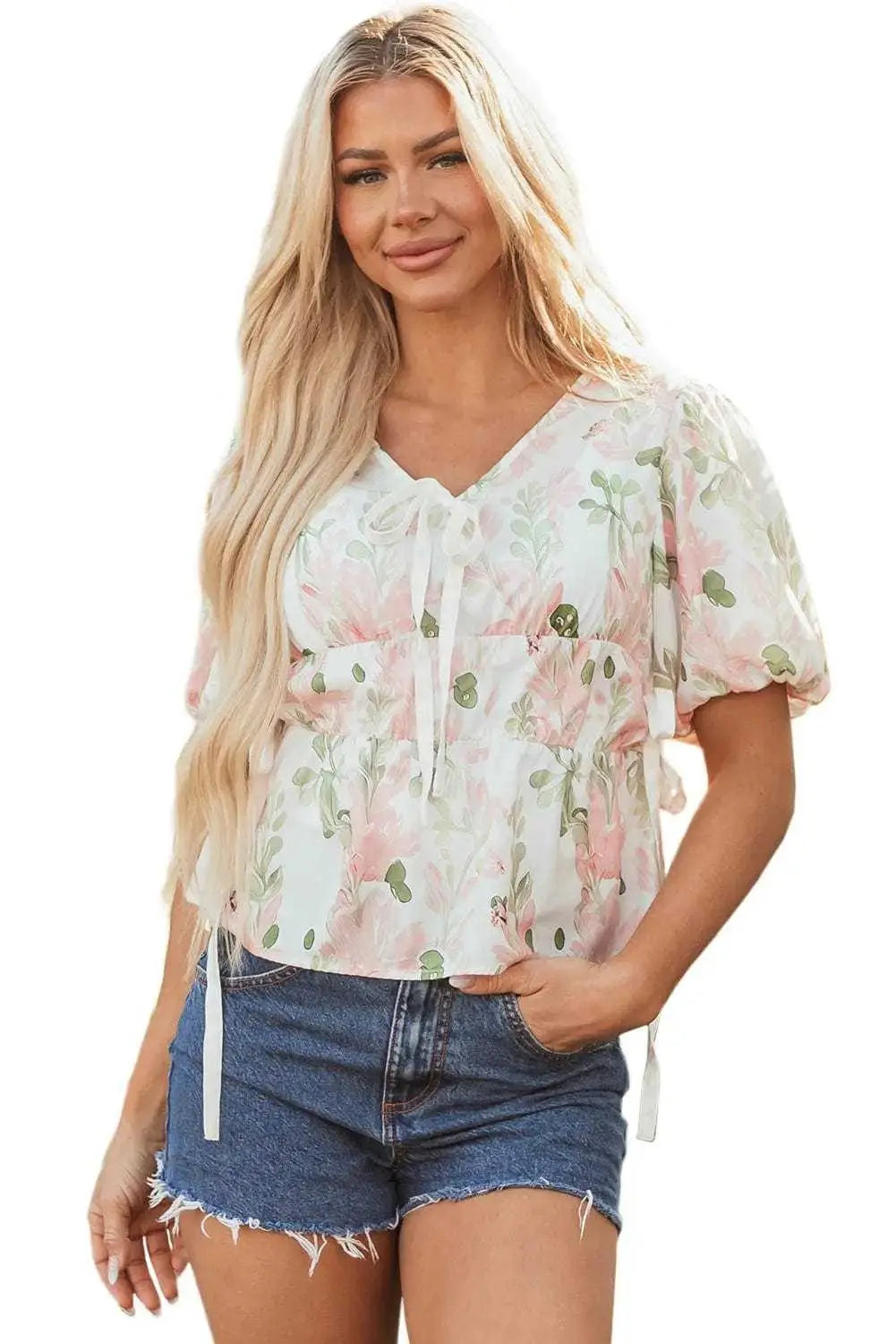 Floral Puff Sleeve Peplum Blouse Women UK