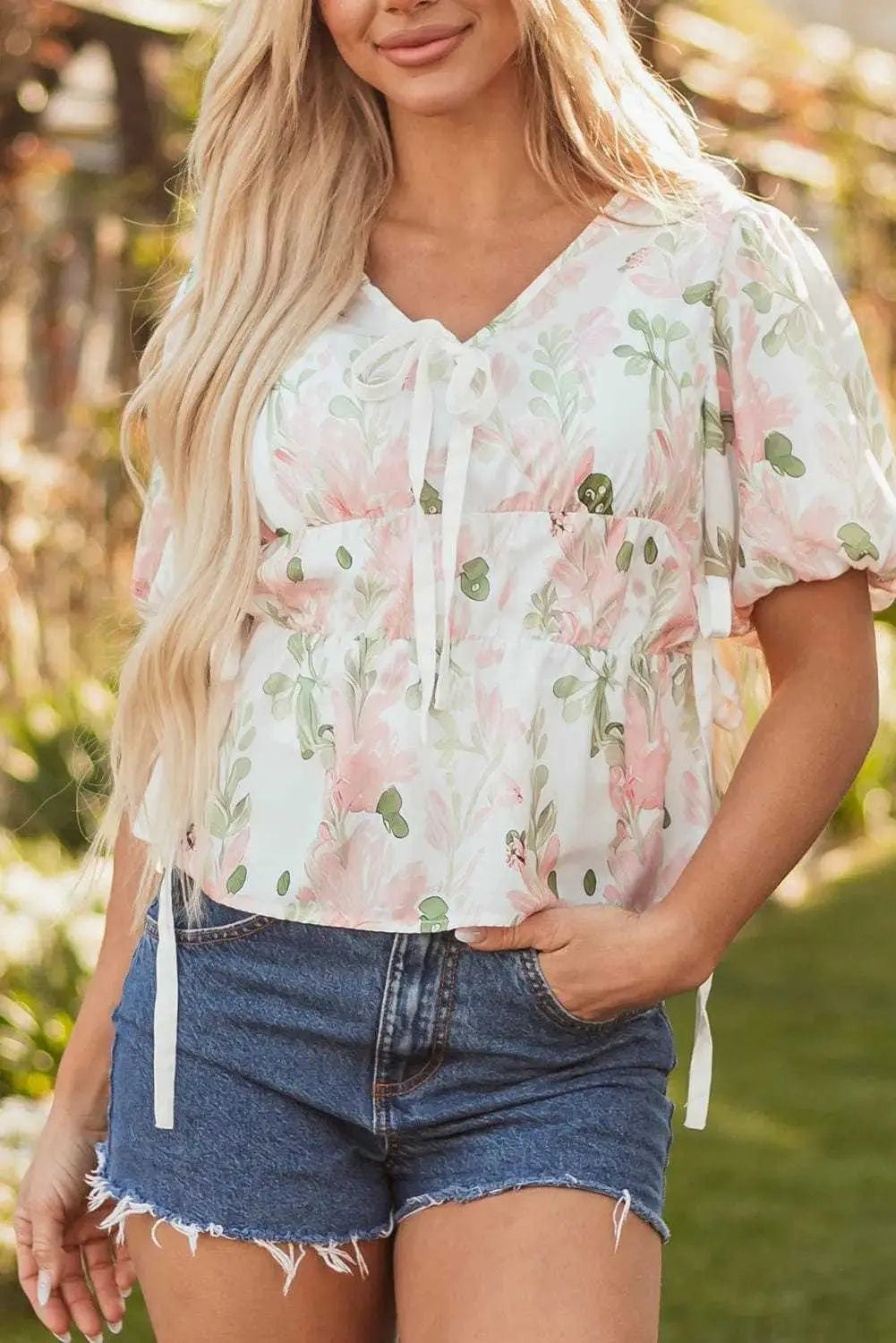 Floral Puff Sleeve Peplum Blouse Women UK