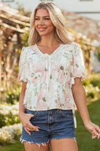 Floral Puff Sleeve Peplum Blouse Women UK
