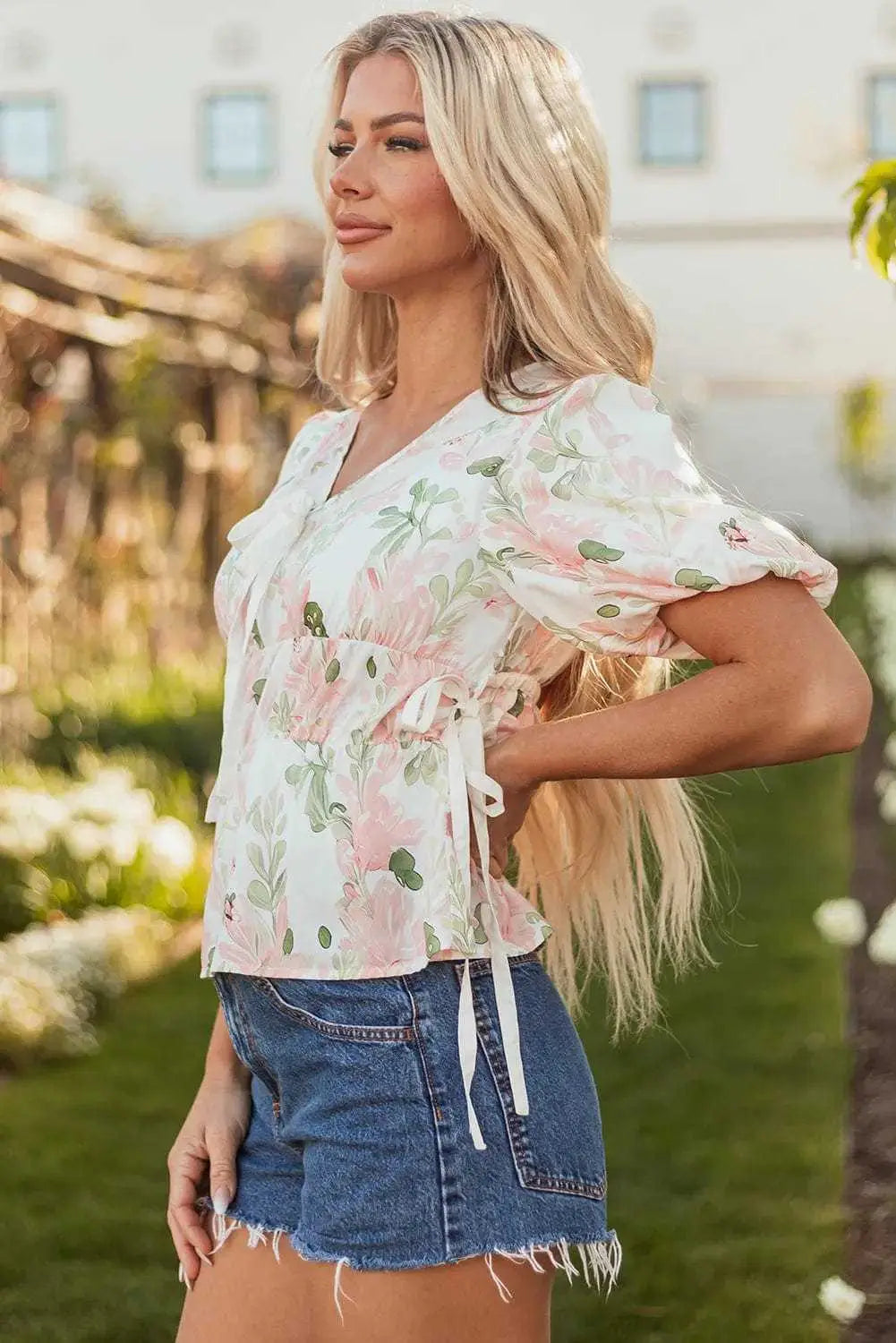 Floral Puff Sleeve Peplum Blouse Women UK