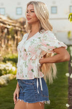 Floral Puff Sleeve Peplum Blouse Women UK