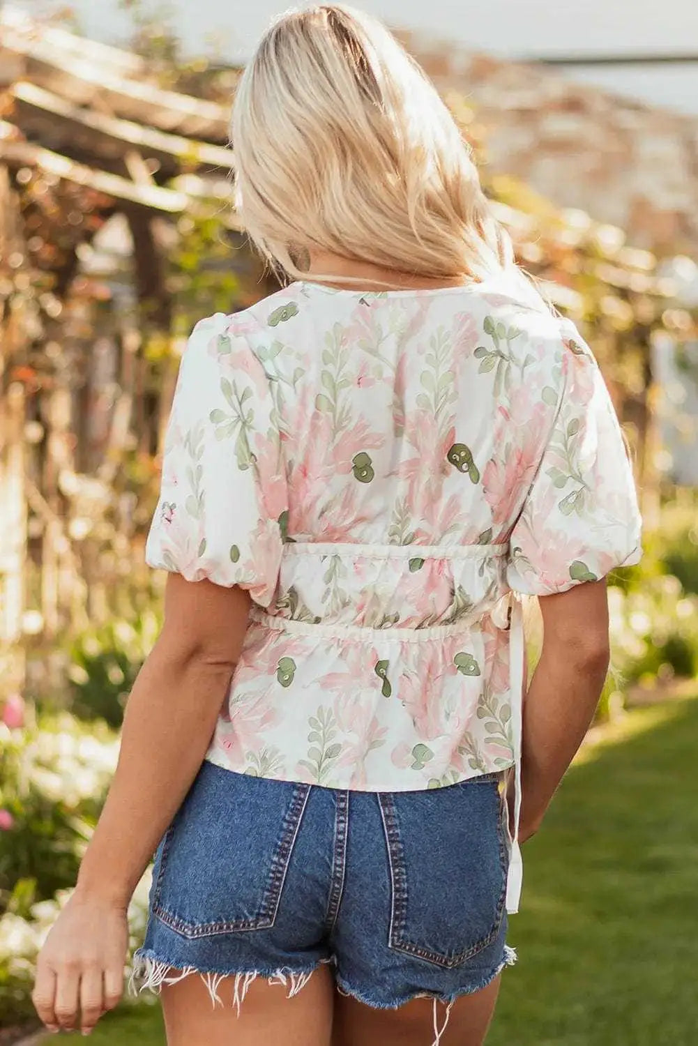 Floral Puff Sleeve Peplum Blouse Women UK
