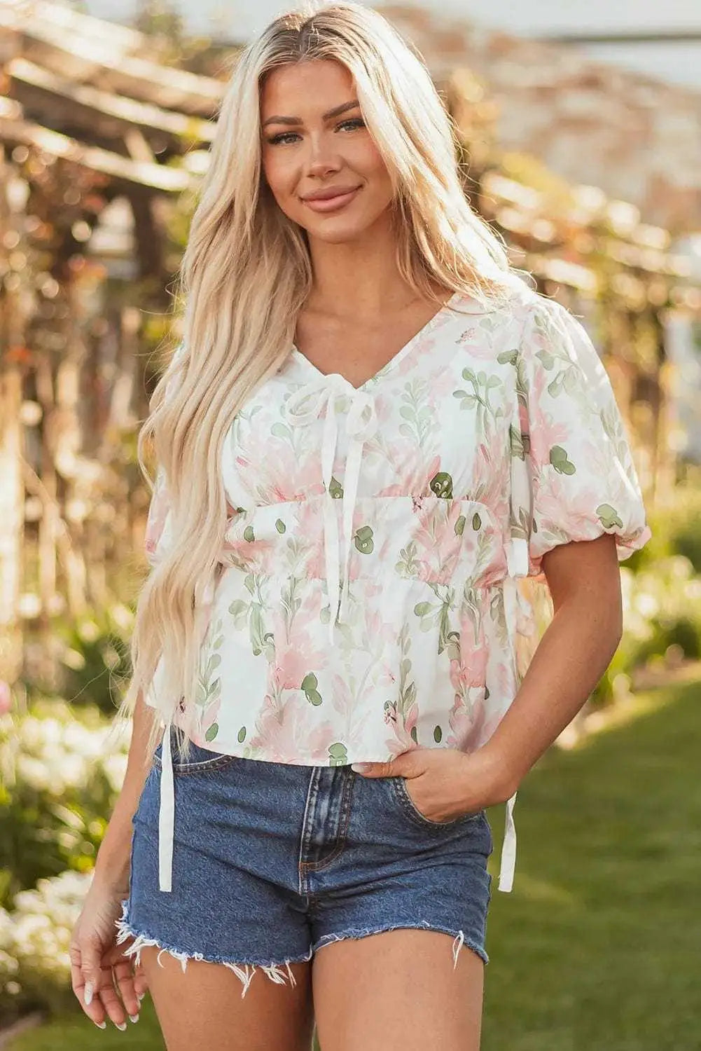 Floral Puff Sleeve Peplum Blouse Women UK