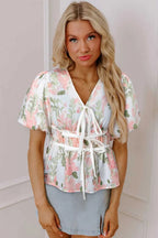 Floral Puff Sleeve Peplum Blouse Women UK