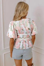 Floral Puff Sleeve Peplum Blouse Women UK