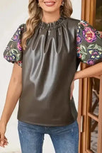 Faux Leather Bubble Sleeve Frilled Collar Blouse Women UK