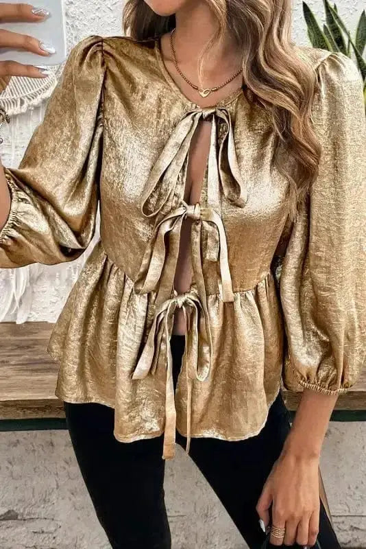 Gold Bow Tie Puff Sleeve Ruffle Blouse Women UK | Elegant