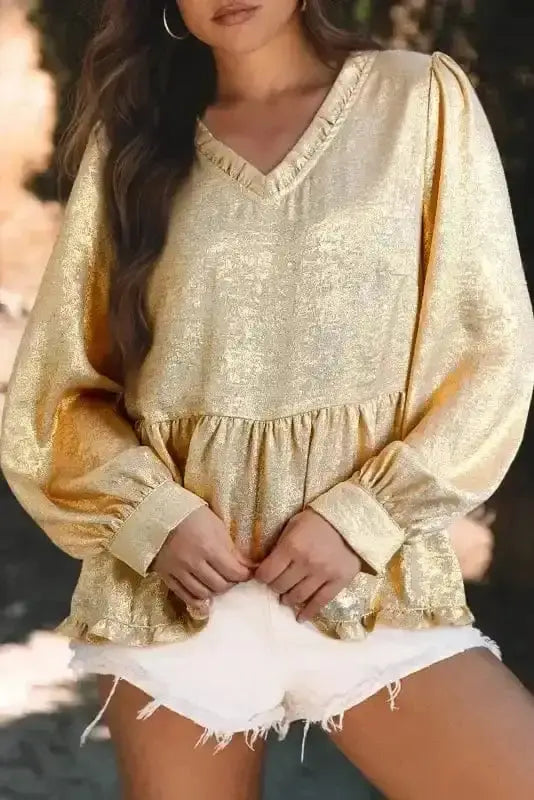 Metallic Velvet Babydoll Puff Sleeve Blouse Women UK | Glam