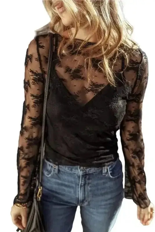 Black Lace Trim Sheer Slim Fit Blouse Women UK | Elegant