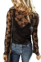 Black Lace Trim Sheer Slim Fit Blouse Women UK | Elegant