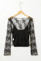 Black Lace Trim Sheer Slim Fit Blouse Women UK | Elegant