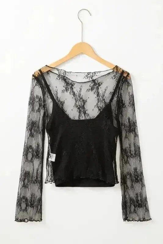 Black Lace Trim Sheer Slim Fit Blouse Women UK | Elegant