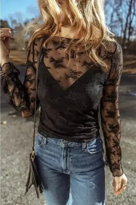 Black Lace Trim Sheer Slim Fit Blouse Women UK | Elegant