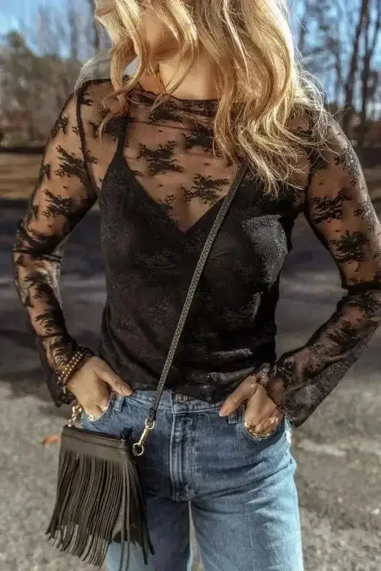 Black Lace Trim Sheer Slim Fit Blouse Women UK | Elegant