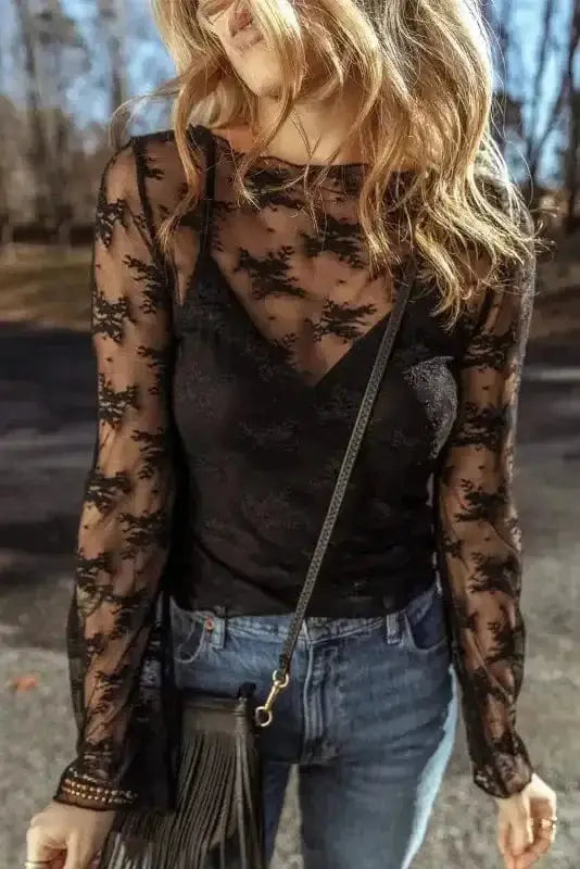 Black Lace Trim Sheer Slim Fit Blouse Women UK | Elegant