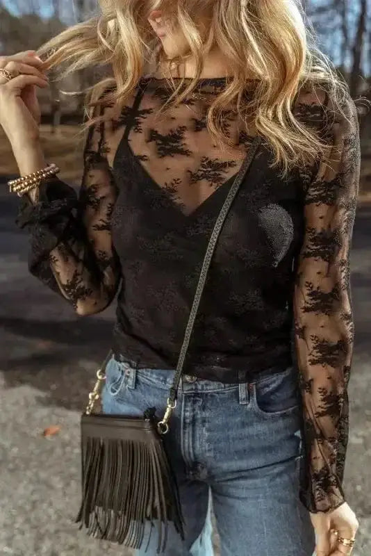 Black Lace Trim Sheer Slim Fit Blouse Women UK | Elegant