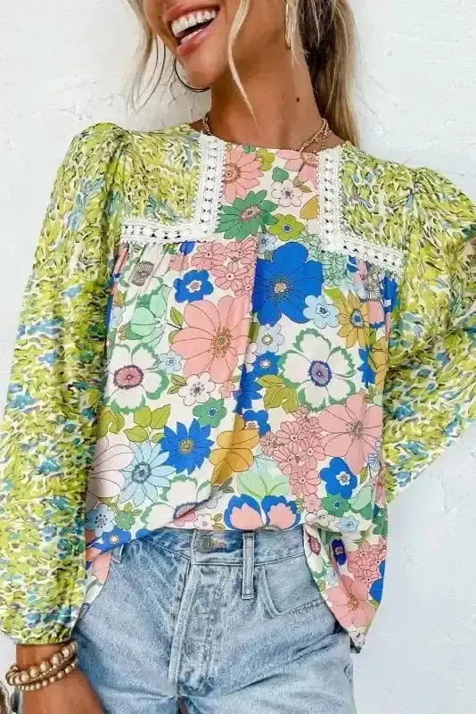 Green Floral Puff Sleeve Spring Blouse Women UK | Blossom