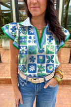 Green Floral Geometric Flutter Blouse with Collar & Contrast Trim