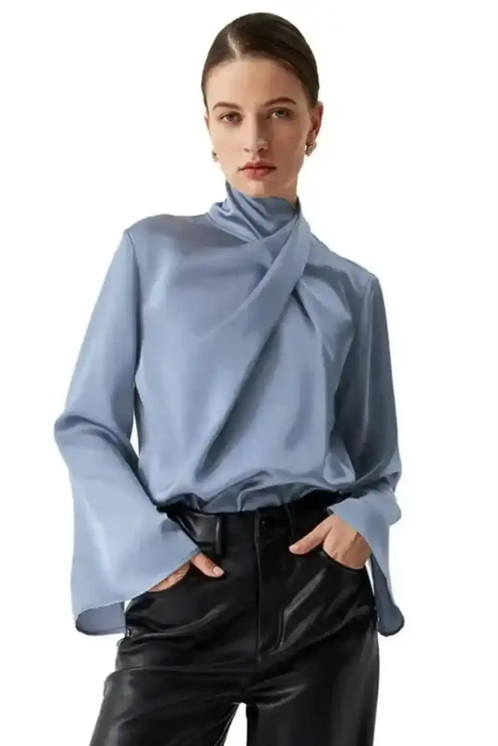 Blue Satin Pleated Turtleneck Bell Sleeve Blouse Women UK