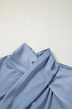 Blue Satin Pleated Turtleneck Bell Sleeve Blouse Women UK