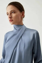 Blue Satin Pleated Turtleneck Bell Sleeve Blouse Women UK