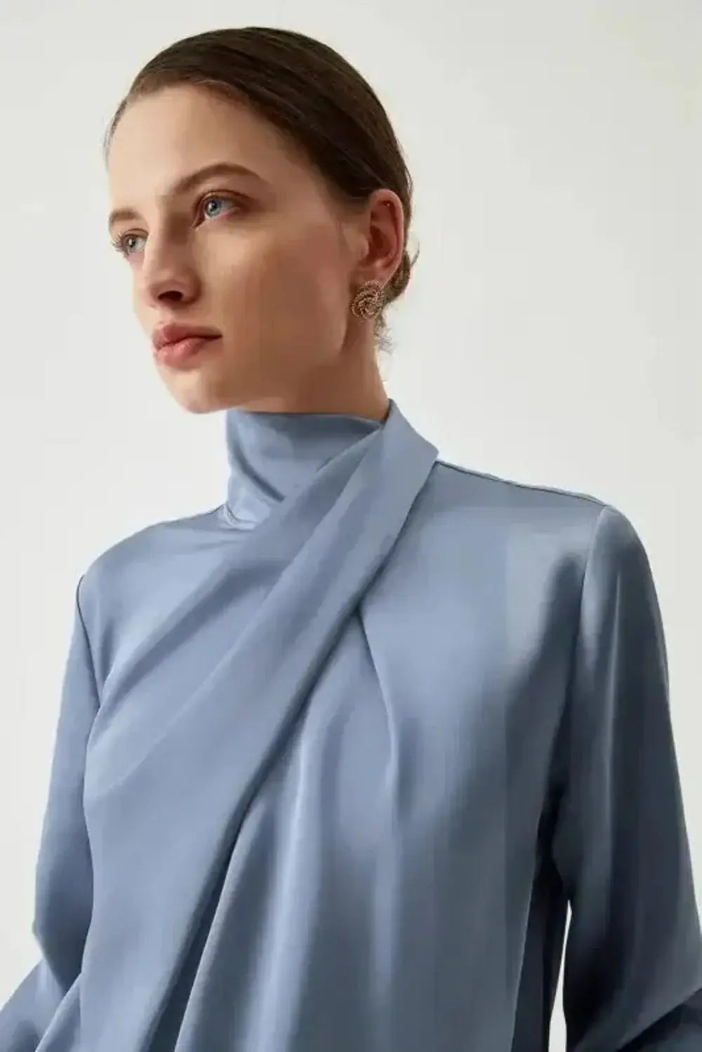 Blue Satin Pleated Turtleneck Bell Sleeve Blouse Women UK