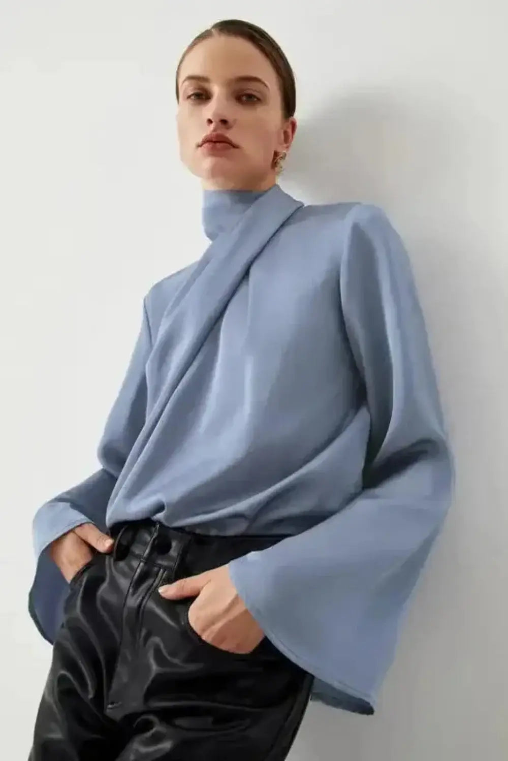 Blue Satin Pleated Turtleneck Bell Sleeve Blouse Women UK