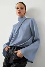 Blue Satin Pleated Turtleneck Bell Sleeve Blouse Women UK
