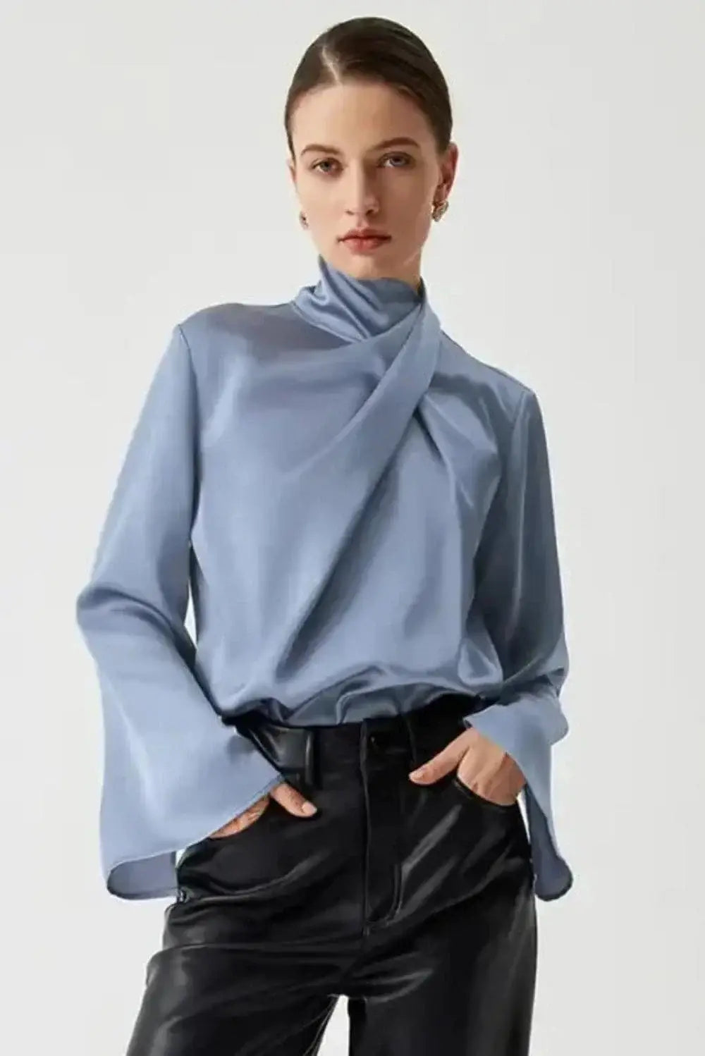 Blue Satin Pleated Turtleneck Bell Sleeve Blouse Women UK