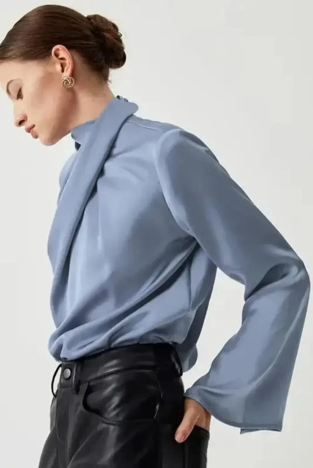 Blue Satin Pleated Turtleneck Bell Sleeve Blouse Women UK