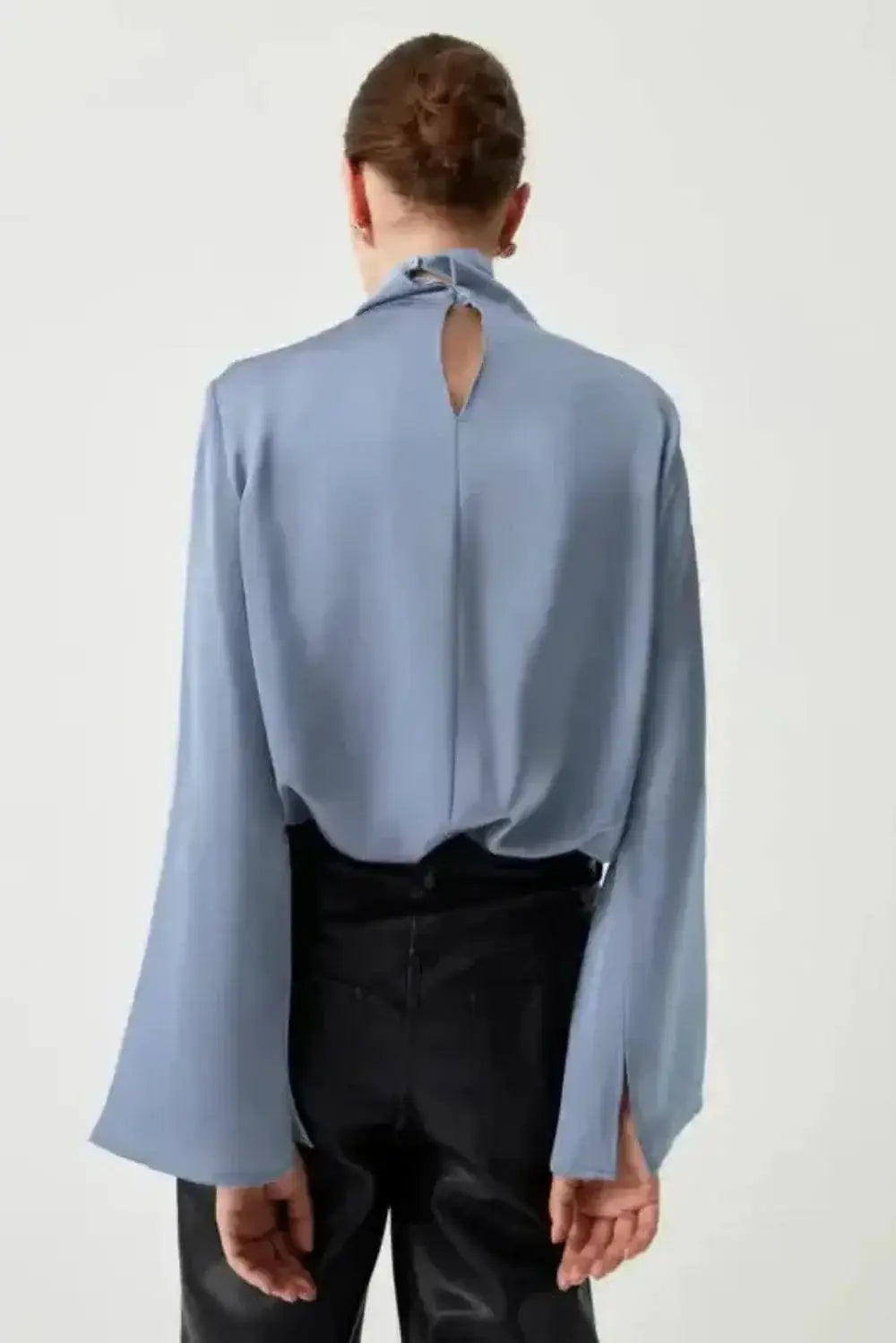 Blue Satin Pleated Turtleneck Bell Sleeve Blouse Women UK