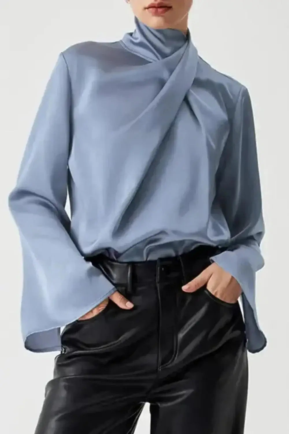 Blue Satin Pleated Turtleneck Bell Sleeve Blouse Women UK