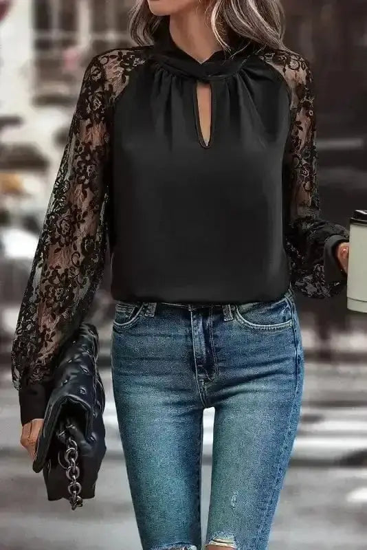 Black Lace Sleeve V-Neck Blouse Women UK | Elegant