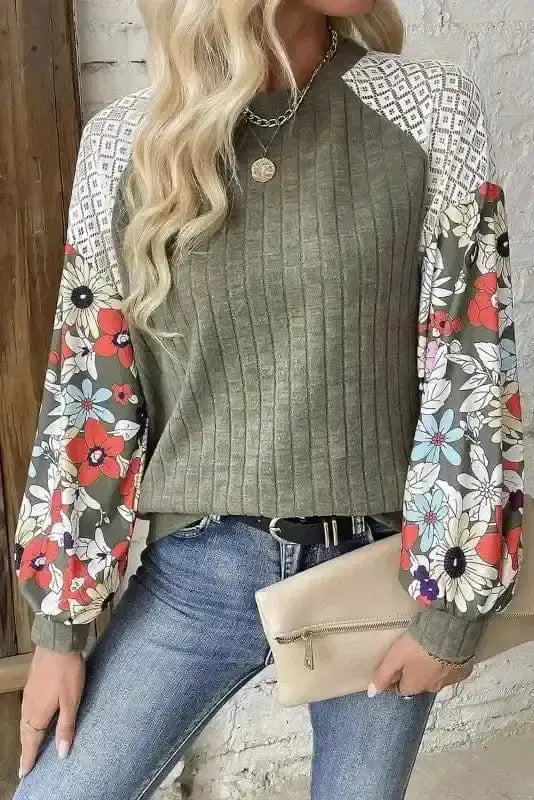 Floral Colour Block Ribbed Blouse Women UK | Mosaic