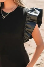 Faux Leather Ruffle Sleeve Blouse Women UK