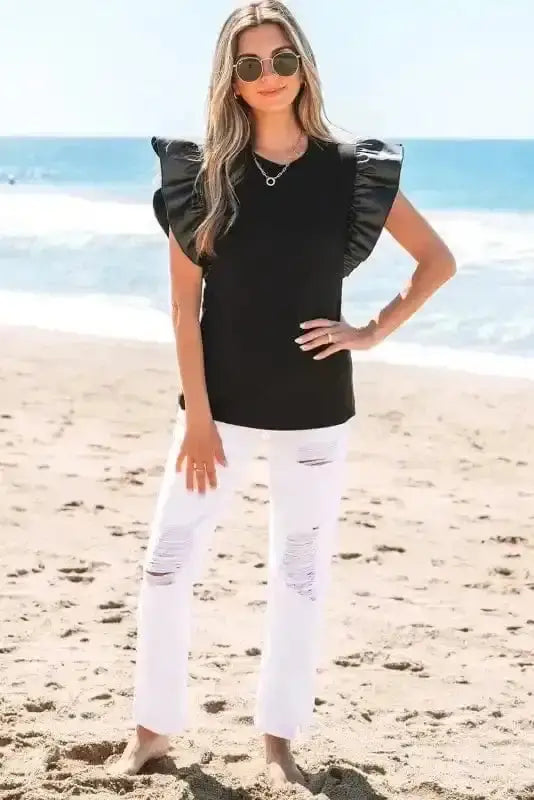 Faux Leather Ruffle Sleeve Blouse Women UK