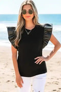 Faux Leather Ruffle Sleeve Blouse Women UK