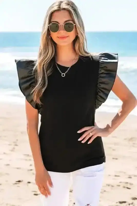 Faux Leather Ruffle Sleeve Blouse Women UK