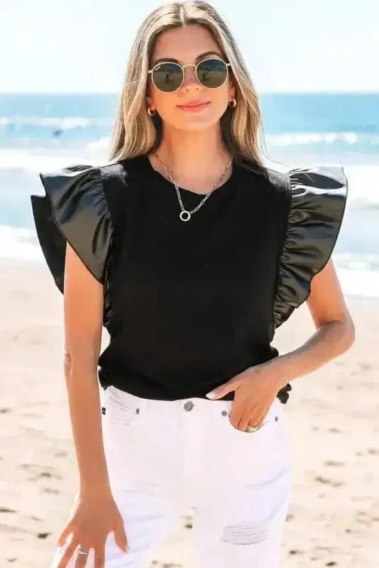Faux Leather Ruffle Sleeve Blouse Women UK