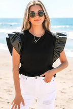 Faux Leather Ruffle Sleeve Blouse Women UK