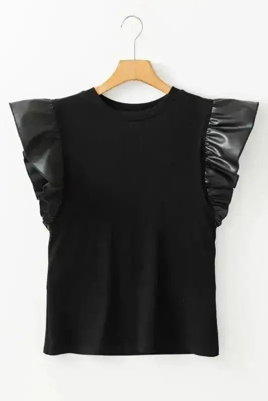 Faux Leather Ruffle Sleeve Blouse Women UK