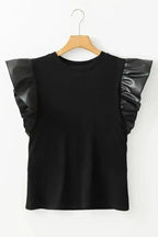 Faux Leather Ruffle Sleeve Blouse Women UK