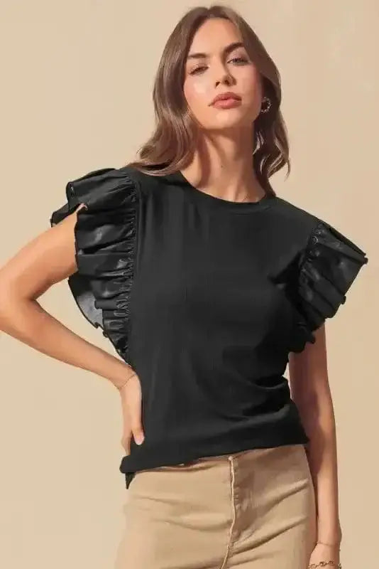 Faux Leather Ruffle Sleeve Blouse Women UK